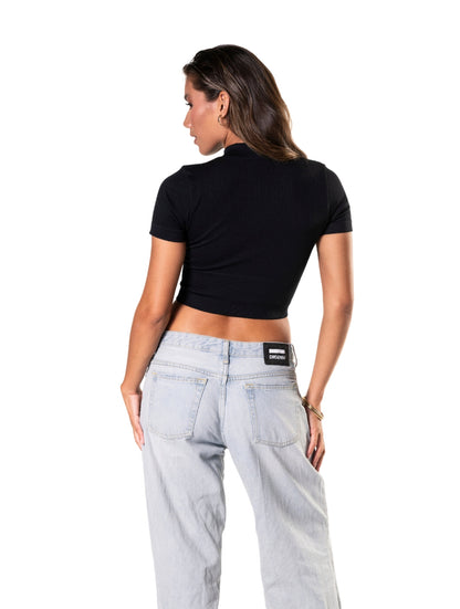 Crop top de manga corta con cremallera y canalé sin costuras